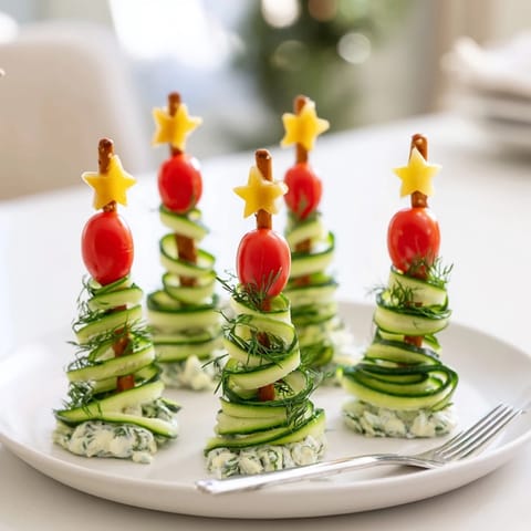 Crisp spiral cucumber ribbon Christmas trees with creamy cheese, a colorful and festive appetizer.