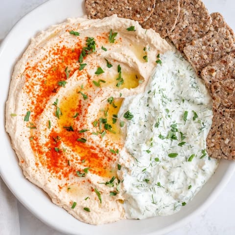 A party-ready platter: crackers divide two fresh, delicious Easy Dips for easy sharing.
