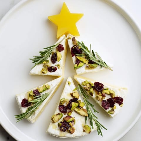Vivid image of a festive Brie Triangle Cheese Tree, ideal as a holiday appetizer with crackers.