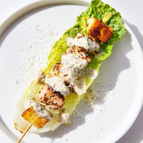 Chicken Caesar Salad Skewer appetizer, vibrant and delicious, featuring grilled chicken and crisp romaine lettuce.