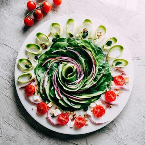 A colorful close-up of the Fibonacci Fan Salad, showcasing the spiral arrangement and fresh ingredients.
