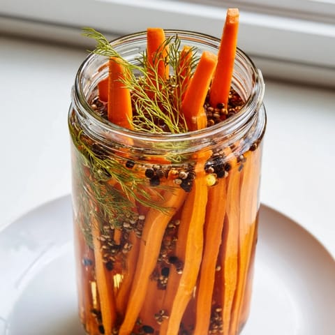 Crisp Quick Pickled Carrot Spears in a jar, showcasing the tangy brine, perfect for your side dish.