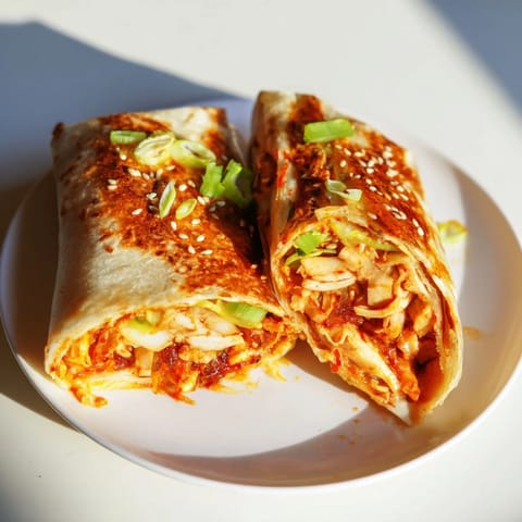 Crispy, grilled Korean BBQ Chicken Wrap Grilled Cheese, featuring toasty tortillas and sesame seeds.