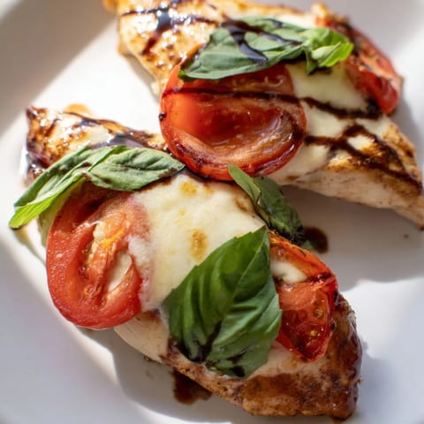 Sizzling Caprese Chicken Skillet topped with ripe tomato slices and a rich balsamic glaze.
