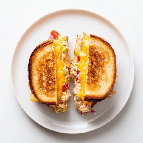 Freshly prepared spicy tuna melt sandwich, featuring diced celery and red onion, presented alongside crisp pickles.