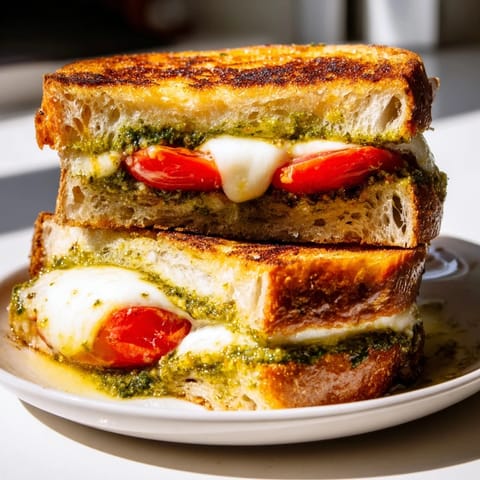 Savory Caprese Pesto Grilled Cheese with fresh tomatoes and melted mozzarella on sourdough.