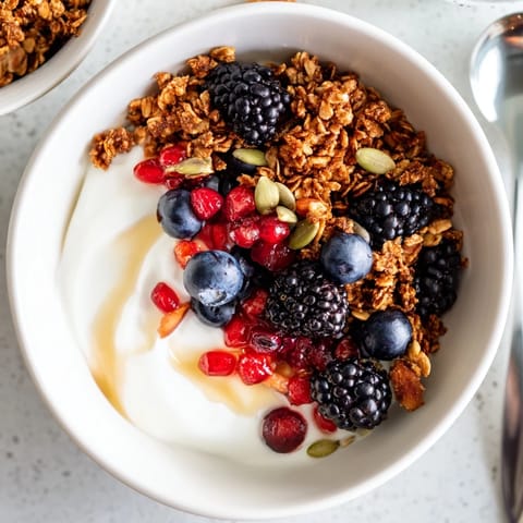 Spoonful of the crunchy oat and nut topping sits beside juicy pomegranate seeds and dark berries in this breakfast bowl.