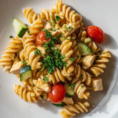 Honey Mustard Chicken Pasta Salad served in a white bowl garnished with fresh parsley and halved cherry tomatoes.