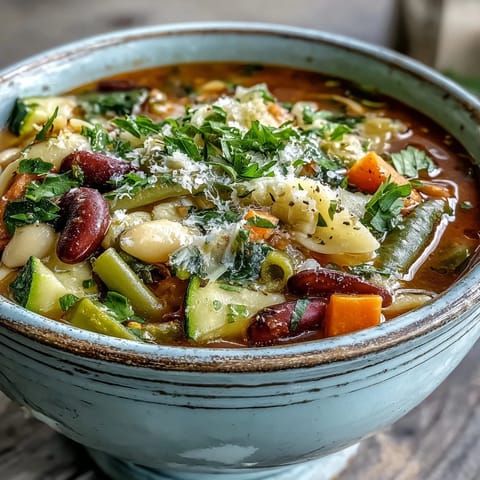 Hearty Minestrone Soup simmers in a pot, revealing chopped carrots, zucchini, and green beans in a robust vegetable broth.