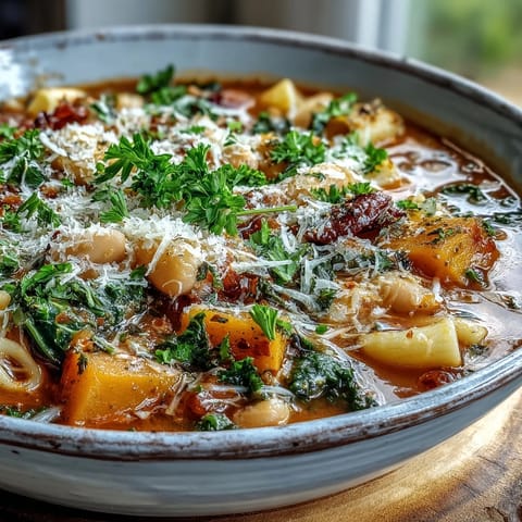 Hearty Winter Minestrone Soup With Butternut Squash and Kale simmering in a pot with fresh ingredients.