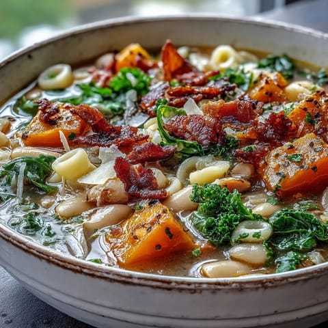 Fall Minestrone served hot with Parmesan and ditalini pasta, next to crusty bread.