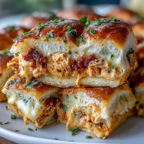 Golden brown slider buns reveal a creamy, spicy Buffalo chicken dip filling for a game day treat.