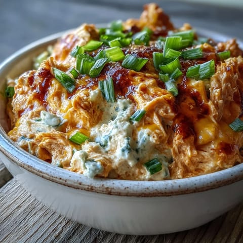Spicy Crock Pot Buffalo Chicken Dip with melted cheddar and mozzarella, served warm with tortilla chips.