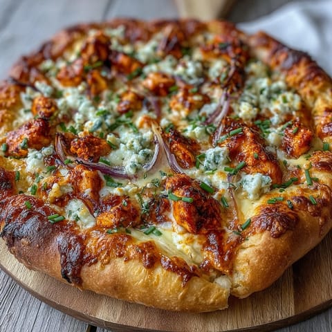 Slices of spicy buffalo chicken and red onion on a homemade pizza with ranch drizzle.