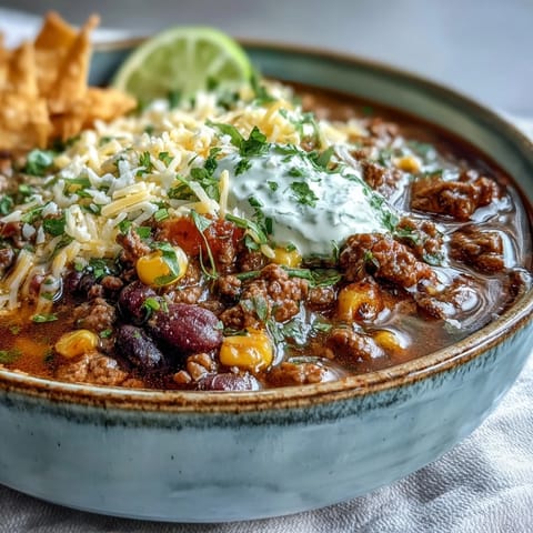 Ground beef and beans simmer in a rich, spicy broth in this hearty Tex-Mex soup.