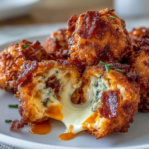 Crispy fried Buffalo Chicken Bacon Mozzarella Bombs with gooey melted mozzarella centers, served alongside a bowl of cool blue cheese dressing.