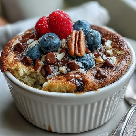 Golden, fluffy Baked Protein Pancake Bowl with maple syrup and fresh berries. 