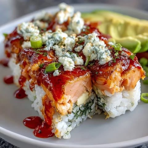Golden-brown spicy salmon layer over seasoned sushi rice, topped with creamy sriracha mayo and fresh avocado slices in this viral TikTok recipe.