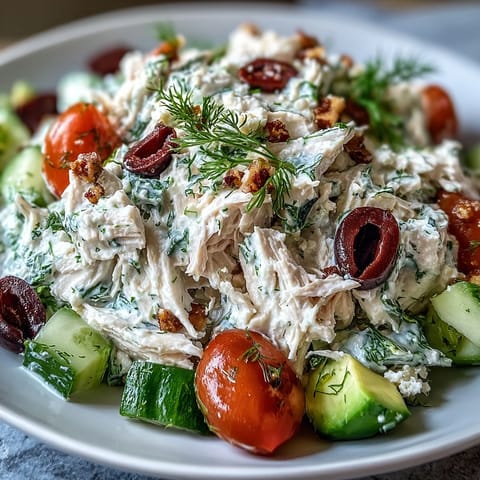 Creamy Tzatziki Chicken Salad served over a bed of crisp spinach leaves, topped with halved cherry tomatoes and crumbled feta cheese. This vibrant, gluten-free Mediterranean recipe is perfect for a healthy, satisfying dinner.