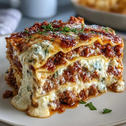 Fresh basil garnish crowns the generous slice revealing layered pasta ricotta and savory meat sauce filling.