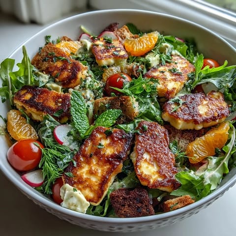 A close-up of Halloumi Blood Orange Fattoush featuring crispy croutons and fresh mint leaves.