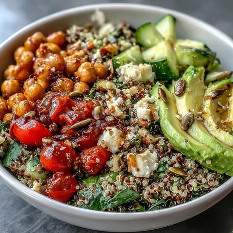 Overhead view of a vibrant Simple Grain Bowl filled with quinoa, chickpeas, and fresh vegetables.
