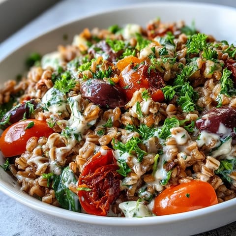 Forkful of Mediterranean Farro Bowl featuring Kalamata olives, red bell pepper, and crumbled feta over a bed of fresh spinach.