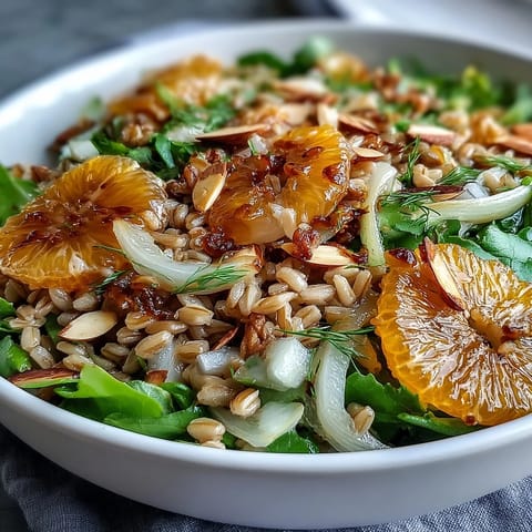 A vibrant Mediterranean-inspired bowl featuring chewy farro, thinly sliced fennel, sweet citrus, and crunchy almonds, ready to serve.