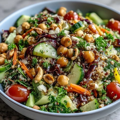 A close-up of the wholesome Rainbow Salad Bowl highlights crunchy nuts, seeds, and a drizzle of zesty dressing.