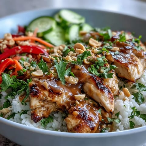 A close-up of Thai Peanut Chicken Bowl, featuring saucy chicken, colorful bell peppers, cucumbers, and chopped peanuts over rice.