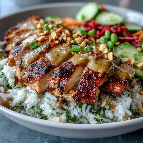 Sliced grilled chicken and fresh vegetables rest on fluffy coconut rice, drizzled with rich peanut sauce and garnished with peanuts.