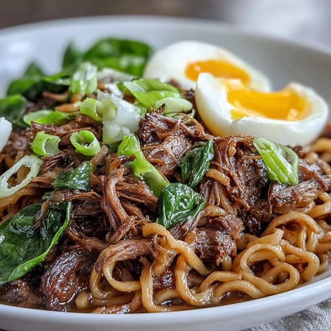 A hearty bowl of Slow Cooker Beef Ramen Noodles topped with green onions and soft-boiled eggs.