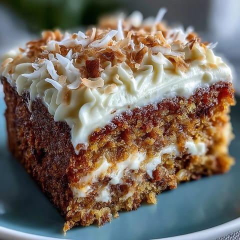 Moist slices of Christmas Hawaiian Carrot Pineapple Cake with cream cheese frosting are served on festive plates, garnished with toasted coconut and bright pineapple tidbits.
