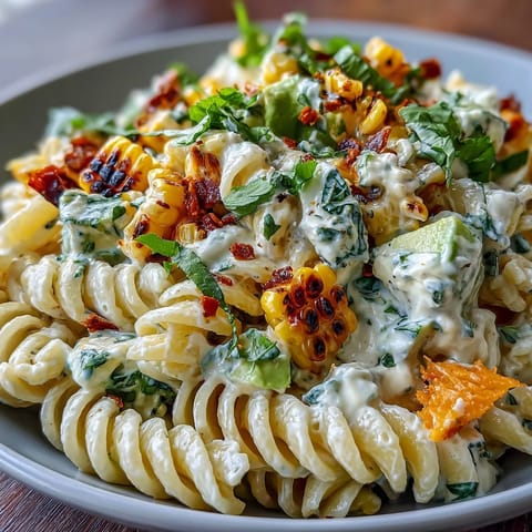 A hearty serving of Creamy Street Corn Pasta Salad with grilled corn, cotija, romaine, and a zesty lime mayo drizzle on a picnic table.