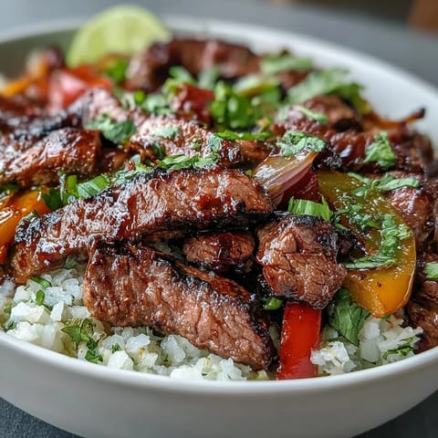 A close-up of the Steak Fajita Bowl shows juicy steak, charred veggies, and fresh cilantro, with lime wedges for a zesty Tex-Mex garnish.