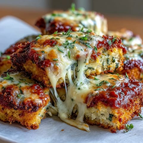 Freshly baked Crispy Tofu Chicken Parm Bakes featuring golden, Asiago-crusted slabs topped with bubbling marinara and melted mozzarella.