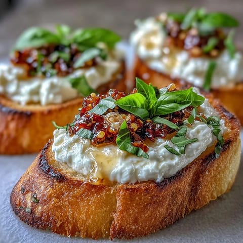 Golden, crispy baguette slices spread with whipped ricotta and drizzled with spicy hot honey for a party-perfect bite.