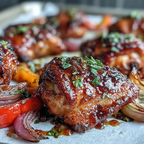Golden roasted Sheet Pan Honey Garlic Chicken & Naan topped with fresh cilantro and lemon wedges on a rustic platter.