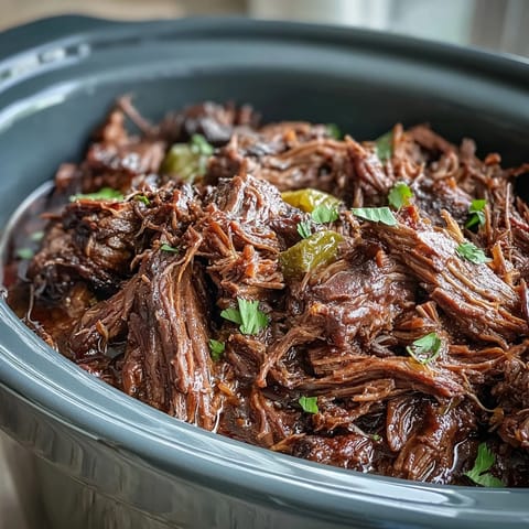Shredded Slow Cooker Mississippi-Style Ranch Beef topped with pepperoncini, served steaming over creamy garlic mashed potatoes for dinner.