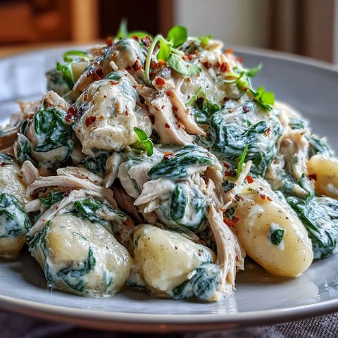 Tender gnocchi and juicy chicken pieces coated in a rich, velvety garlic cream sauce with vibrant wilted spinach.
