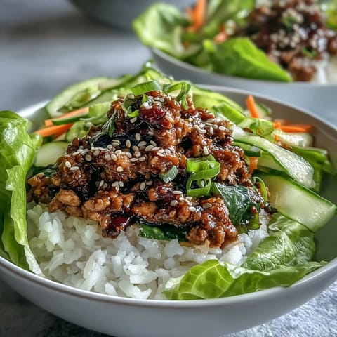 Freshly cooked sesame turkey with crisp lettuce, cucumber ribbons, and fluffy rice for a healthy Korean-inspired bowl.