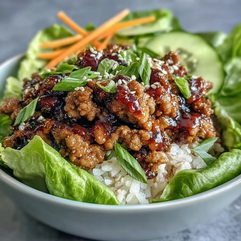 Overhead view of Sesame Turkey Lettuce Wrap Bowls showing vibrant carrots and green onions on a rustic table.