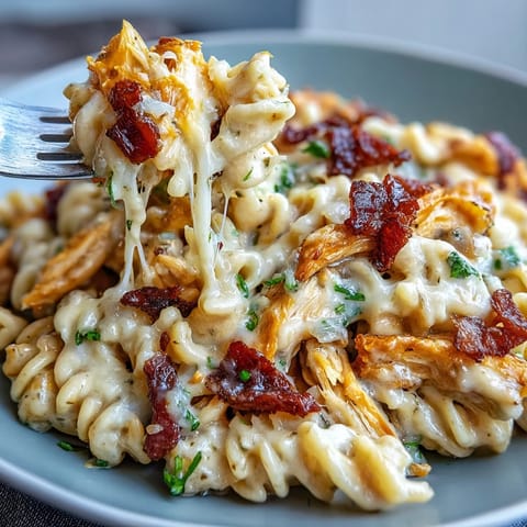 Steam rises from a bowl of Creamy Jalapeño Popper Chicken Pasta, with melted cheese and diced chicken mixed with penne noodles.