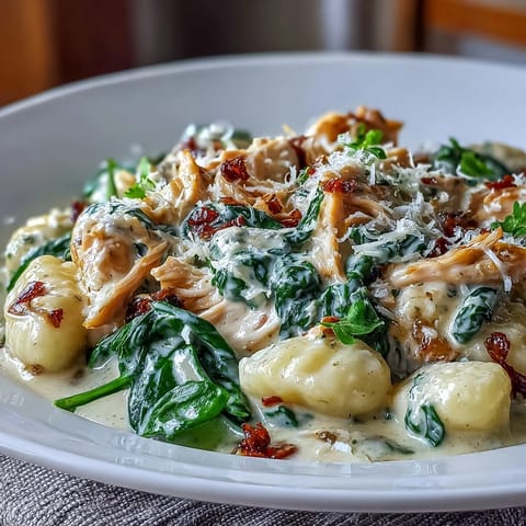 Steam rises from a skillet of Creamy Spinach & Parmesan Gnocchi with Chicken, where wilted greens blend into a rich, velvety parmesan sauce.