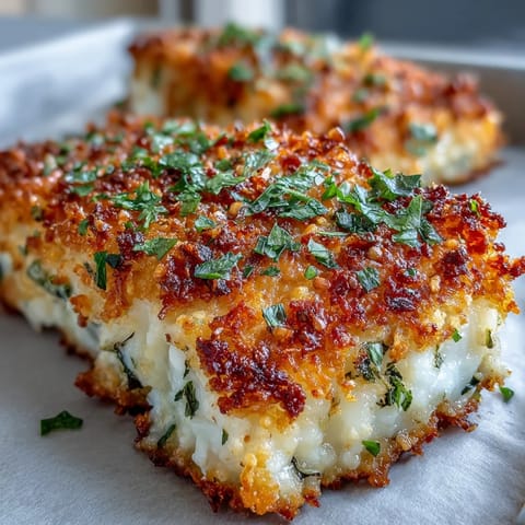 A close-up shows the flaky cod filet covered in a golden Asiago-parmesan-panko crust next to zucchini and bell peppers.