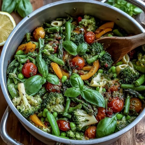 A steaming pot of vegan pasta primavera reveals bright vegetables like snap peas and broccoli, garnished generously with fresh basil and lemon zest.