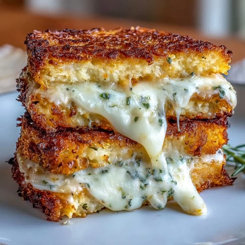 Golden toasted cauliflower bread holds gooey melted cheddar and mozzarella in this Keto Cheesy Cauliflower Bread Grilled Cheese.