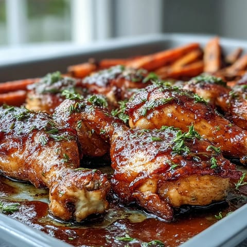 Crispy baked Sheet Pan Honey Garlic Chicken Drumsticks with Roasted Carrots served on a platter with fresh thyme.