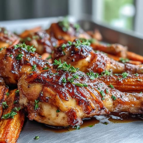 Golden-brown Sheet Pan Honey Garlic Chicken Drumsticks with Roasted Carrots fresh from the oven, glistening with sweet glaze.