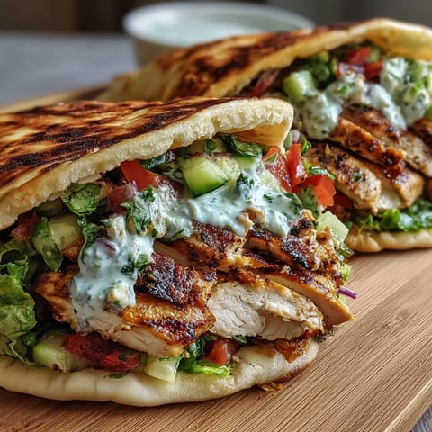 A close-up view of Greek Chicken Pita Pockets with juicy chicken, diced vegetables, and tangy tzatziki-style yogurt sauce.